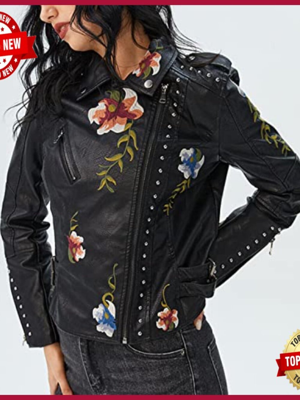 Women's Embroidered Studded Faux Leather Moto Jacket Slim Fit Short - Picture 4 of 6